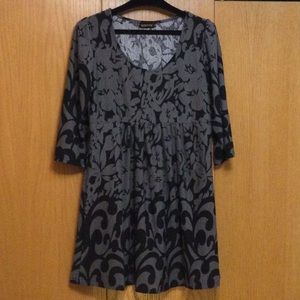 Women’s, tunic length dress, Black and Gray, Cool Print, Empire Waist